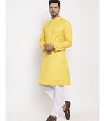 Men Yellow and White Cotton Solid Kurta with Pyjamas