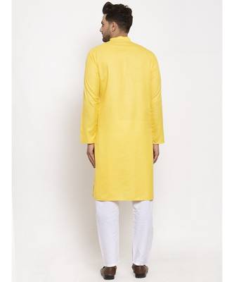 Men Yellow and White Cotton Solid Kurta with Pyjamas 4