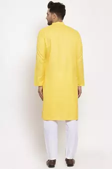 Men Yellow and White Cotton Solid Kurta with Pyjamas