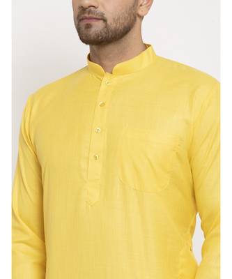 Men Yellow and White Cotton Solid Kurta with Pyjamas 5