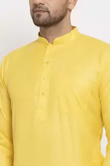 Men Yellow and White Cotton Solid Kurta with Pyjamas