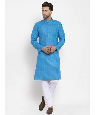 Men Blue and White Self Check Woven Design Kurta with Pyjamas 3
