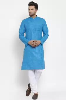 Men Blue and White Self Check Woven Design Kurta with Pyjamas
