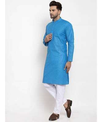 Men Blue and White Self Check Woven Design Kurta with Pyjamas 1