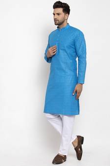 Men Blue and White Self Check Woven Design Kurta with Pyjamas