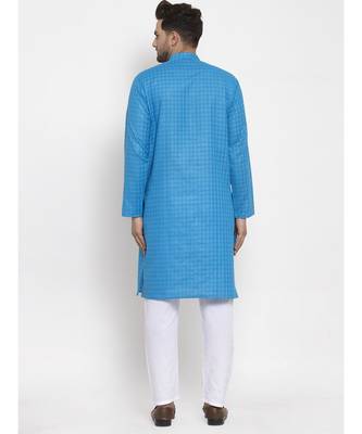 Men Blue and White Self Check Woven Design Kurta with Pyjamas 4