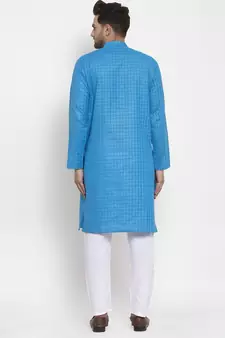 Men Blue and White Self Check Woven Design Kurta with Pyjamas