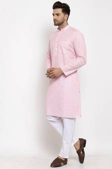 Men Pink and White Self Check Woven Design Kurta with Pyjamas