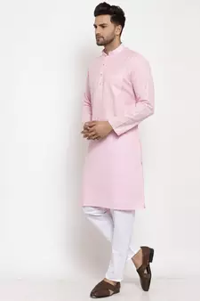 Men Pink and White Self Check Woven Design Kurta with Pyjamas