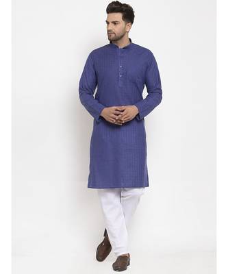 Men Royal Blue and White Self Check Woven Design Kurta with Pyjamas 4