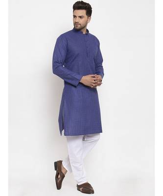 Men Royal Blue and White Self Check Woven Design Kurta with Pyjamas 1
