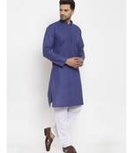Men Royal Blue and White Self Check Woven Design Kurta with Pyjamas