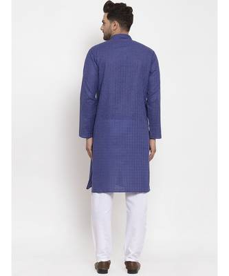 Men Royal Blue and White Self Check Woven Design Kurta with Pyjamas 5
