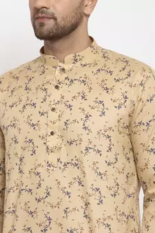 Men Beige and White Cotton Printed Kurta with Pyjamas