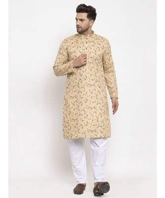 Men Beige and White Cotton Printed Kurta with Pyjamas 3