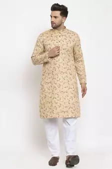 Men Beige and White Cotton Printed Kurta with Pyjamas