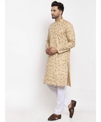 Men Beige and White Cotton Printed Kurta with Pyjamas 1
