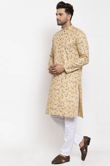 Men Beige and White Cotton Printed Kurta with Pyjamas