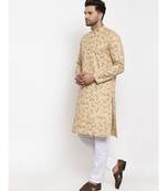 Men Beige and White Cotton Printed Kurta with Pyjamas