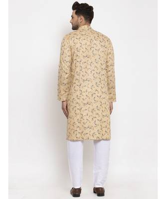 Men Beige and White Cotton Printed Kurta with Pyjamas 4