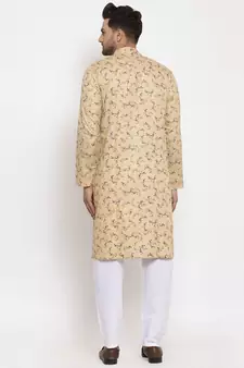 Men Beige and White Cotton Printed Kurta with Pyjamas