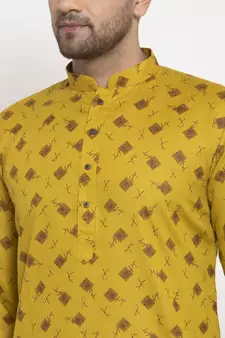 Men Olive and White Cotton Printed Kurta with Pyjamas