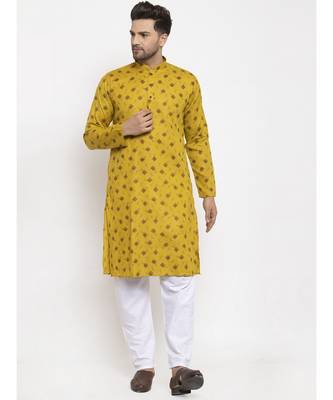 Men Olive and White Cotton Printed Kurta with Pyjamas 1