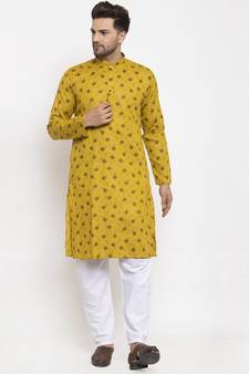 Men Olive and White Cotton Printed Kurta with Pyjamas