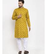 Men Olive and White Cotton Printed Kurta with Pyjamas