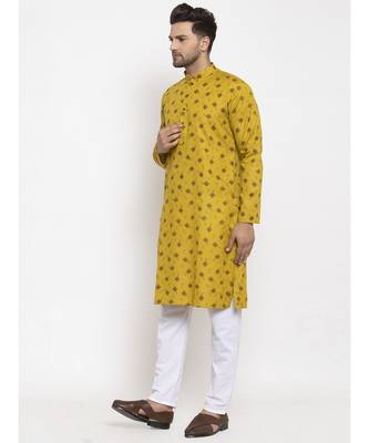 Men Olive and White Cotton Printed Kurta with Pyjamas 3