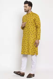 Men Olive and White Cotton Printed Kurta with Pyjamas