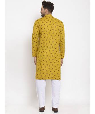 Men Olive and White Cotton Printed Kurta with Pyjamas 4