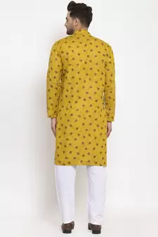 Men Olive and White Cotton Printed Kurta with Pyjamas