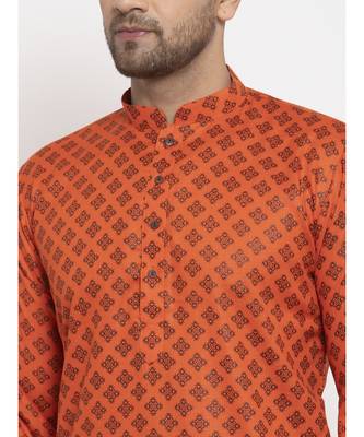 Men Orange and White Cotton Printed Kurta with Pyjamas 2