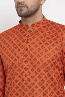 Men Orange and White Cotton Printed Kurta with Pyjamas