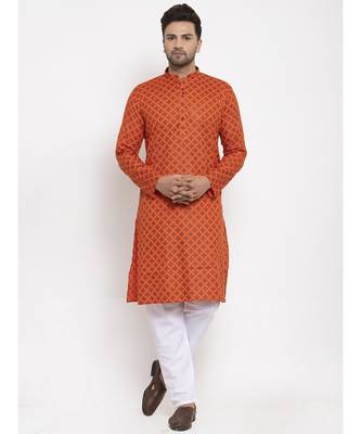 Men Orange and White Cotton Printed Kurta with Pyjamas 1