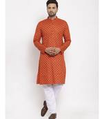 Men Orange and White Cotton Printed Kurta with Pyjamas