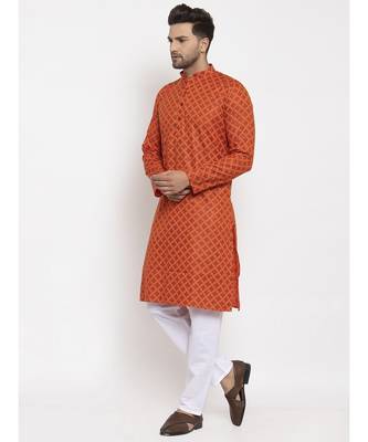 Men Orange and White Cotton Printed Kurta with Pyjamas 3