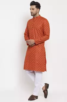 Men Orange and White Cotton Printed Kurta with Pyjamas