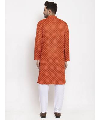 Men Orange and White Cotton Printed Kurta with Pyjamas 4