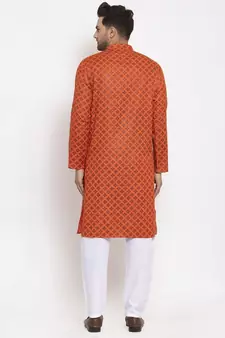 Men Orange and White Cotton Printed Kurta with Pyjamas