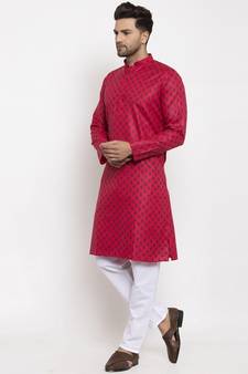Men Pink and White Cotton Printed Kurta with Pyjamas