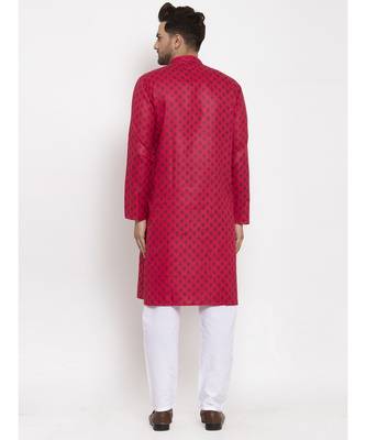Men Pink and White Cotton Printed Kurta with Pyjamas 2