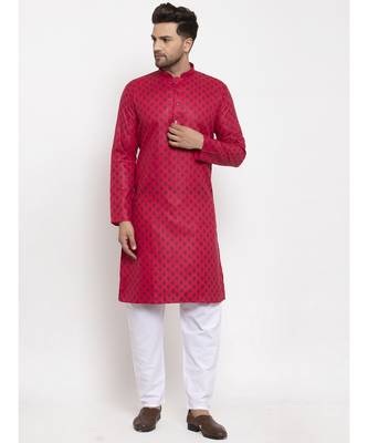 Men Pink and White Cotton Printed Kurta with Pyjamas 4
