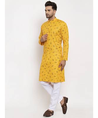 Men Yellow and White Cotton Printed Kurta with Pyjamas 1