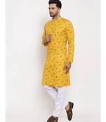 Men Yellow and White Cotton Printed Kurta with Pyjamas