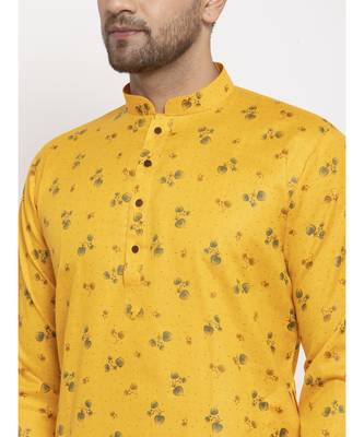 Men Yellow and White Cotton Printed Kurta with Pyjamas 3