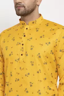 Men Yellow and White Cotton Printed Kurta with Pyjamas