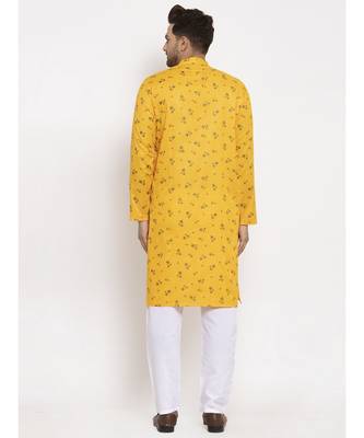 Men Yellow and White Cotton Printed Kurta with Pyjamas 4