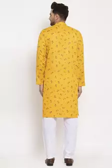 Men Yellow and White Cotton Printed Kurta with Pyjamas